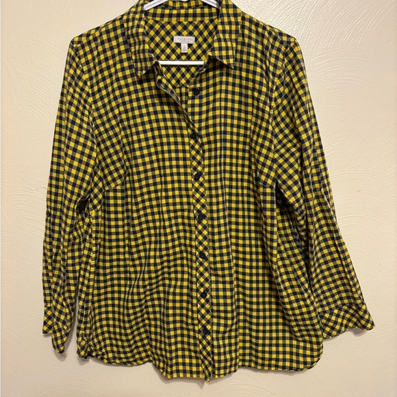 Talbots Tops - Talbots Navy Yellow Gingham Button Front Shirt 1X Cotton Blouse